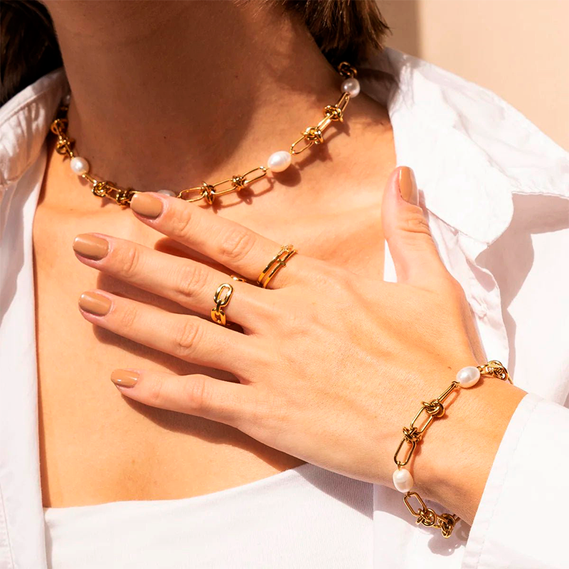 Pulseira de Elos Perolados Banhado em Ouro 18k - Modelo